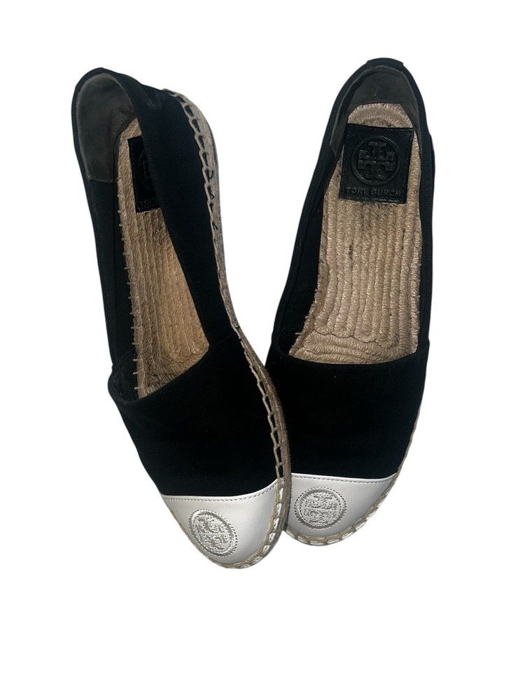 Tory Burch Espadrilles Color Block Black Canvas With White Cap Toe Flats