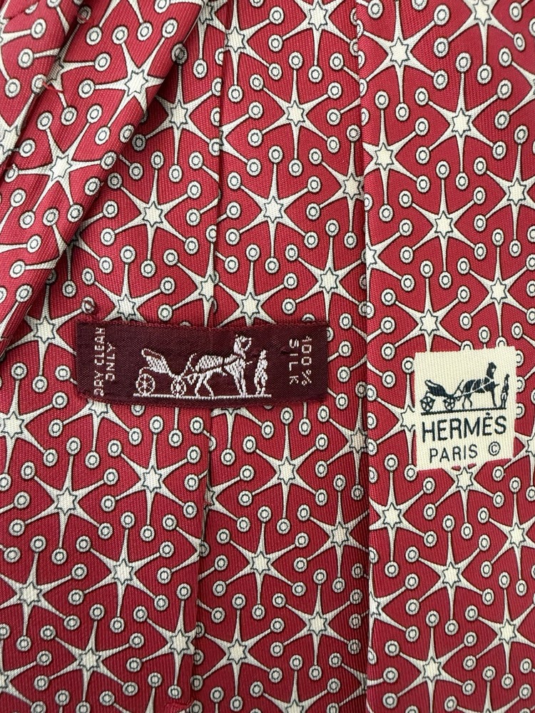 Hermes Tie Red Stars Hexagon Geometric Sunburst Starburst Sun 100% Silk Paris
