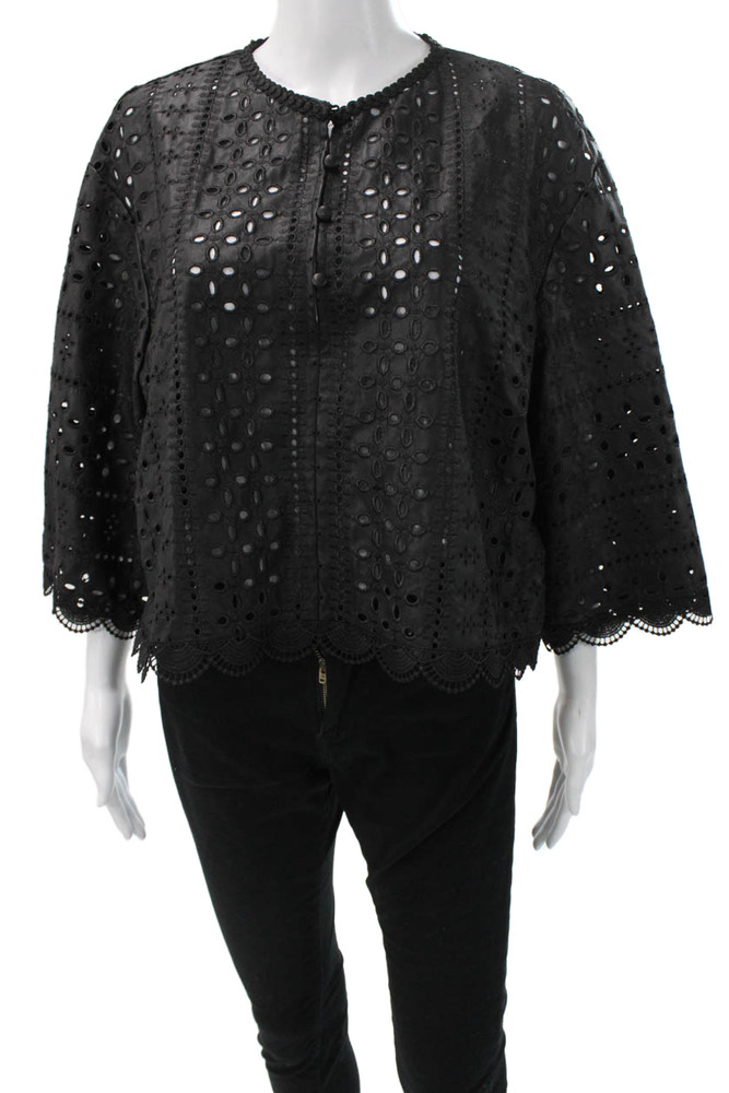 Zara Women Bohemian Black 3/4 Sleeve Crew Neck Button Blouse Size LFree Shipping in US $100+ Orders | $6.95 Orders Below