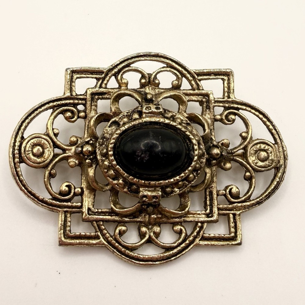 Vintage Gold Tone Filigree Brooch Black Cabochon Ornate Openwork Statement Pin