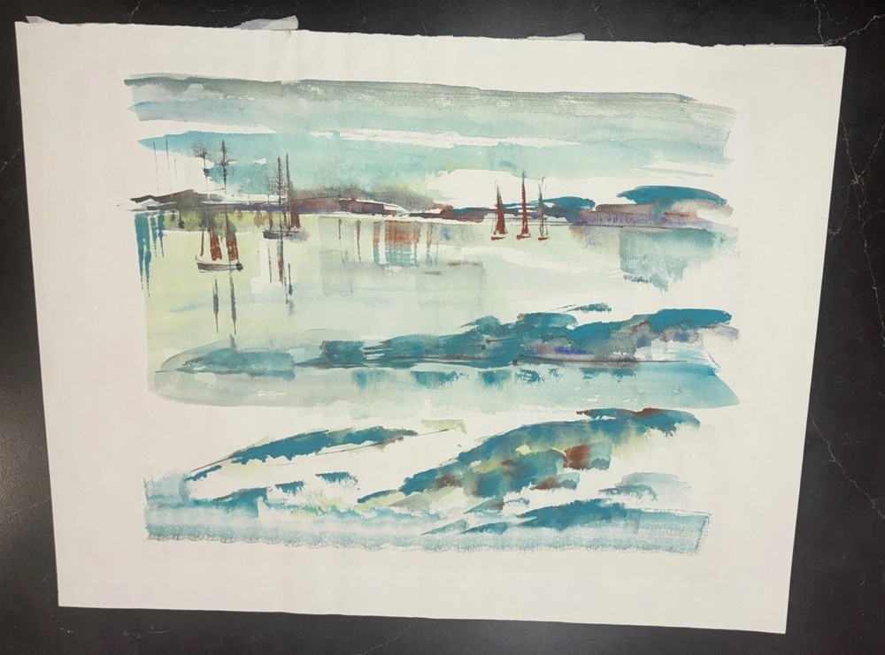 Original ALFRED BIRDSEY- Bermuda Abstract Saliboat/Cove Watercolor Painting