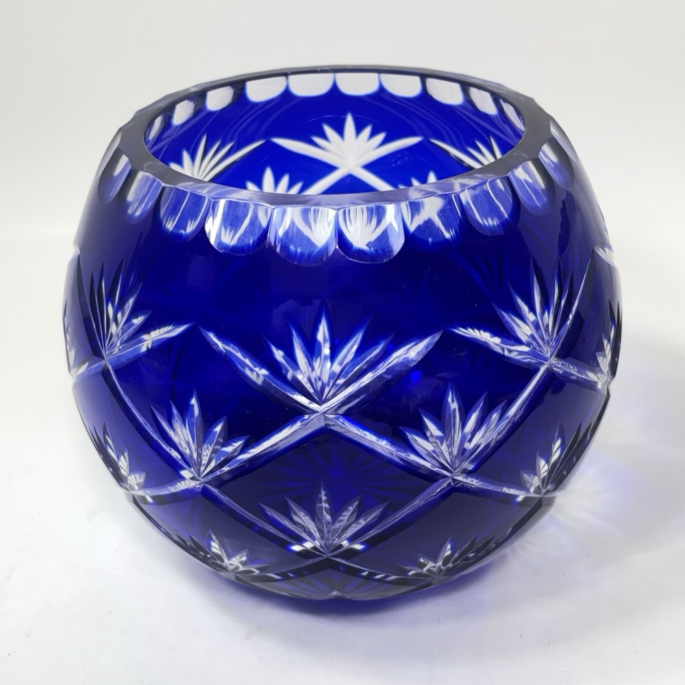 Cobalt Blue Cut To Clear Scalloped Cut Edge Crystal Rose Bowl Vase 6 Inches Tall