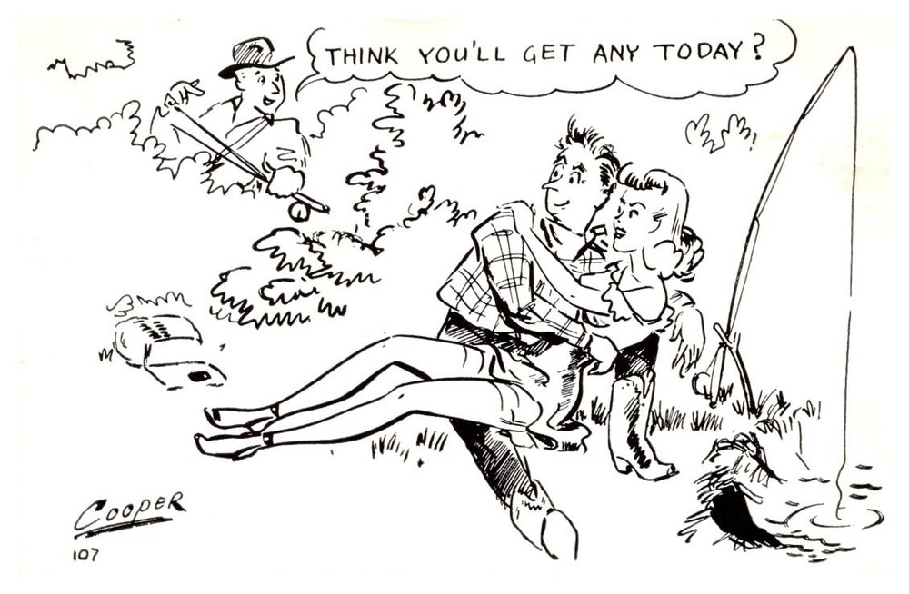 1950s Man & Woman Making Out Fishing Funny Cartoon Vintage Postcard