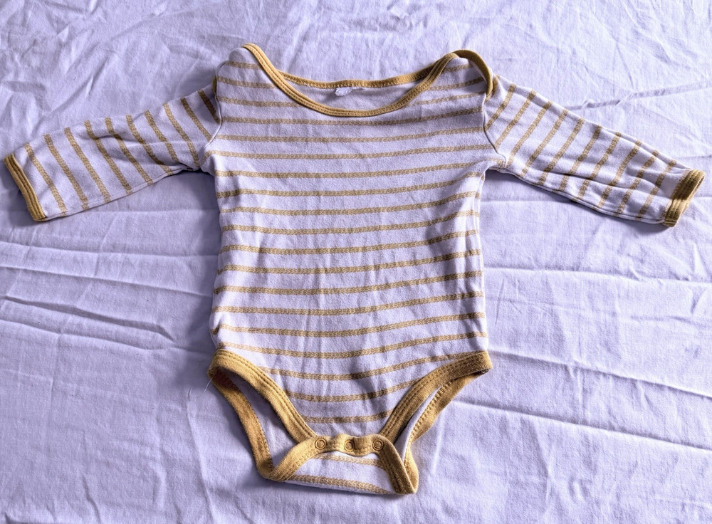 White Yellow Striped Knit Cotton Long Sleeve Bodysuit Snap Closure 0-3 Months