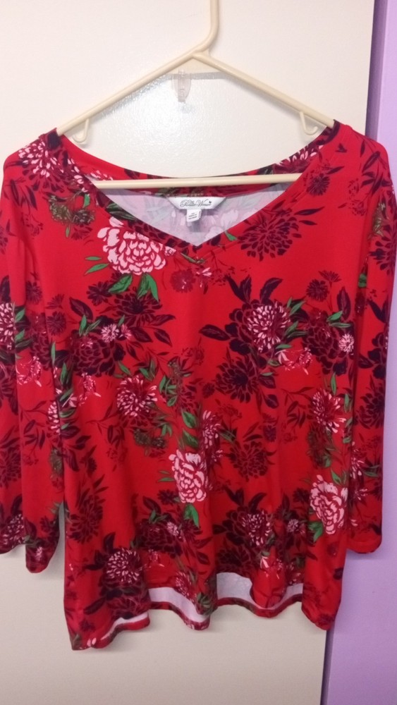 Pioneer Woman Floral  V Neck 3/4 Sleeve Buttery Soft Red Floral Blouse Top Sz XL