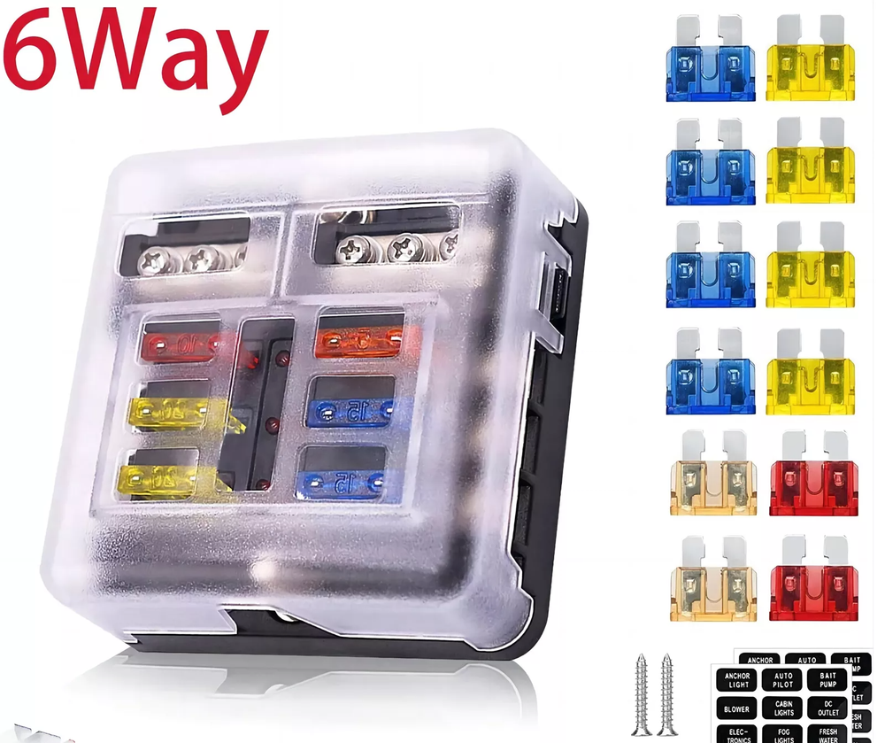 6Way Car Boot Power Distribution 12/24V Blade Fuse Holder Box Block Panel Board