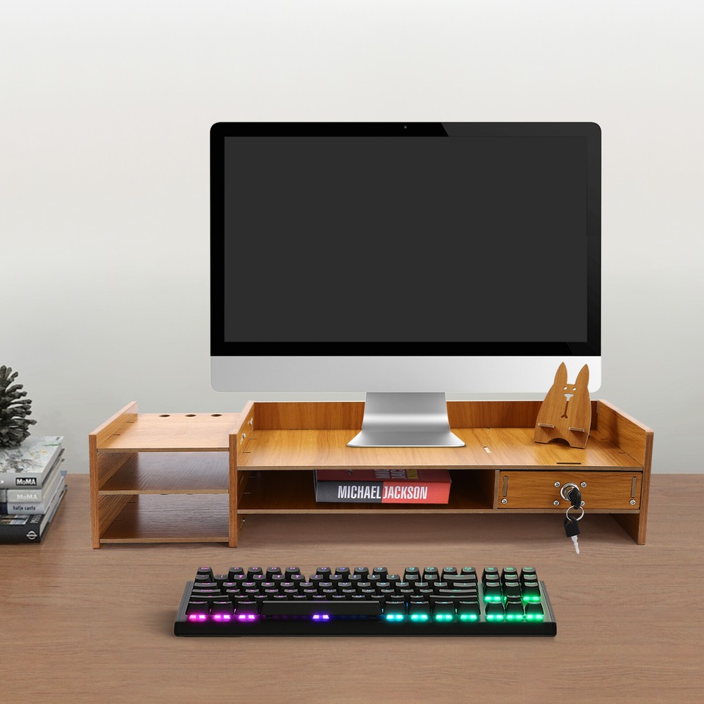 Wood Desk Organizer Stand W/Drawers Office Desktop Storage Monitor Holder Stand