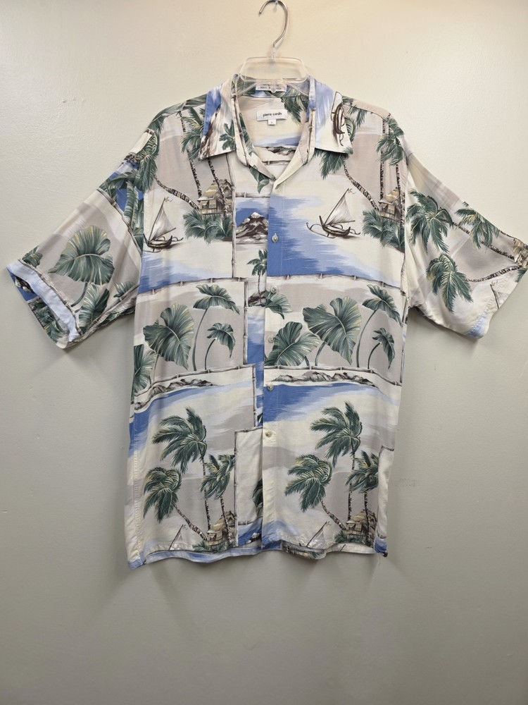 Pierre Cardin Men's Hawaiian Tropical Button-Up Shirt Rayon Short Sleeve L