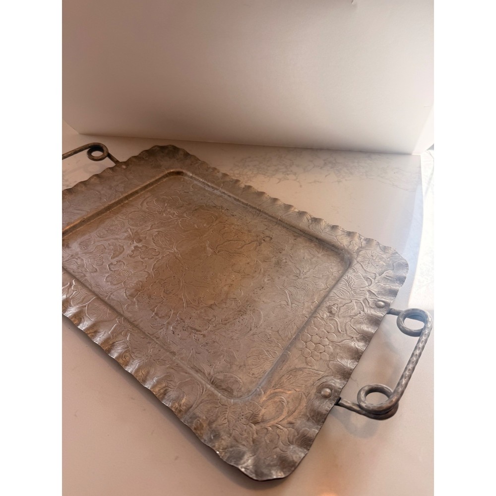 Vintage Embossed Aluminum Serving Tray Fruit Floral Scroll Handles 18x11