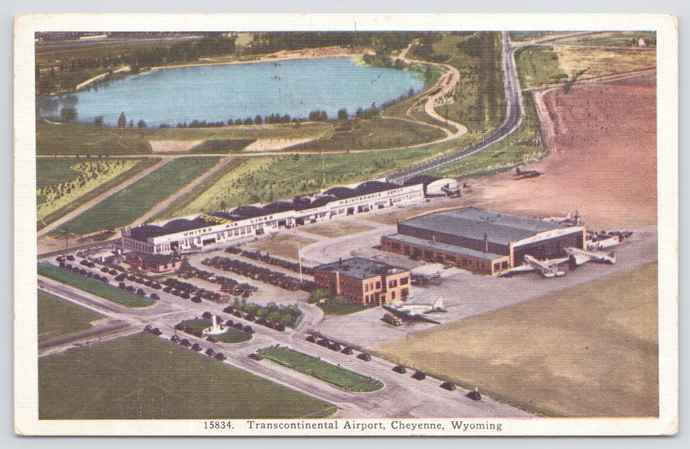 Linen~Air View Of Transcontinental Airport~Cheyenne Wyoming~PM 1942~Vintage PC