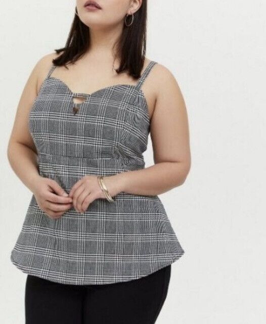 Torrid Cami Top 1X Black Glen Plaid Peplum Spaghetti Straps Academia