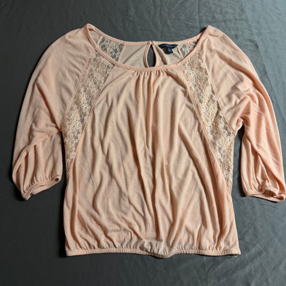 American Eagle Outfitters Pink Dolman 3/4 Lace Sleeve V-Neck Top