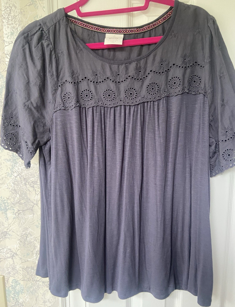 Knox Rose Women's Gray Floral Embroidered Blouse Short Sleeve XL