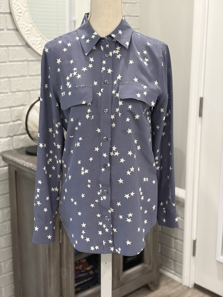 Equipment Femme 100% Silk Shirt Stars Blue Slim Signature Pocket Blouse XS