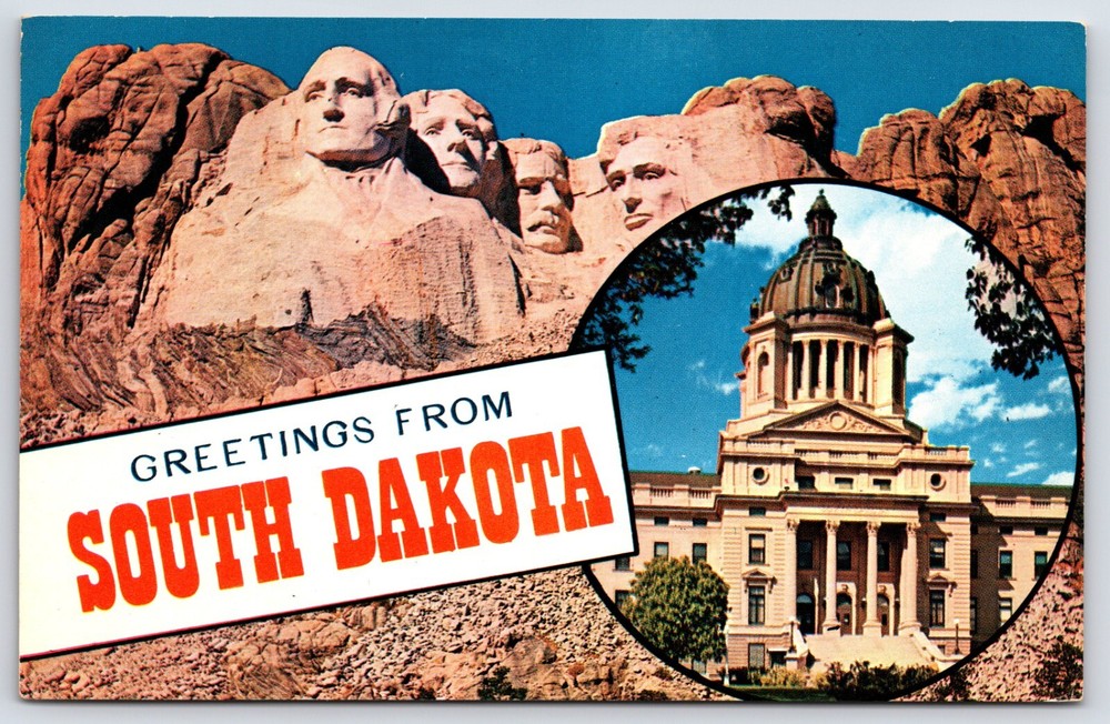 South Dakota Greetings Mt. Rushmore And Capitol Building Vintage Photo Postcard