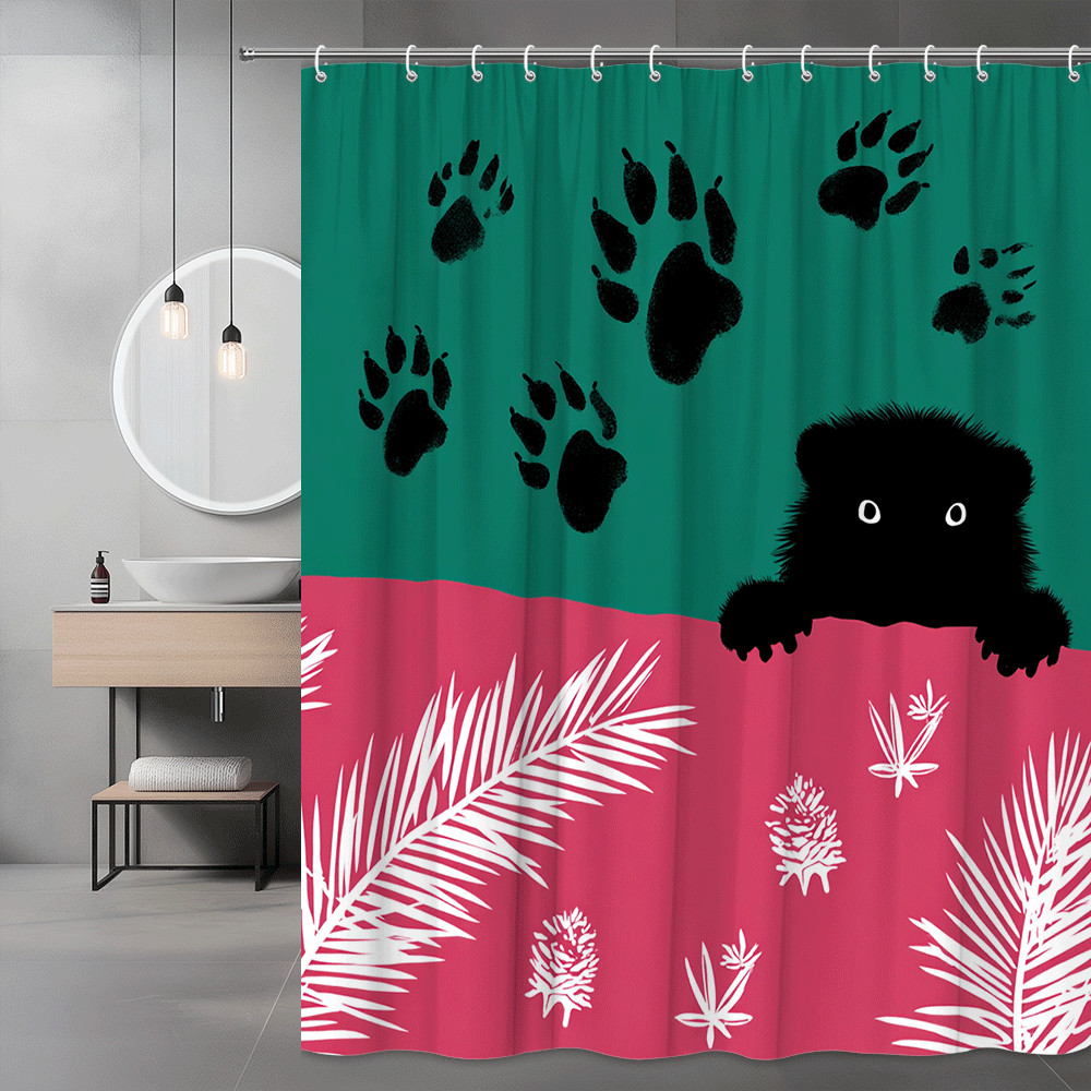 Halloween Shower Curtain Black Cat Paw Prints Pink Green