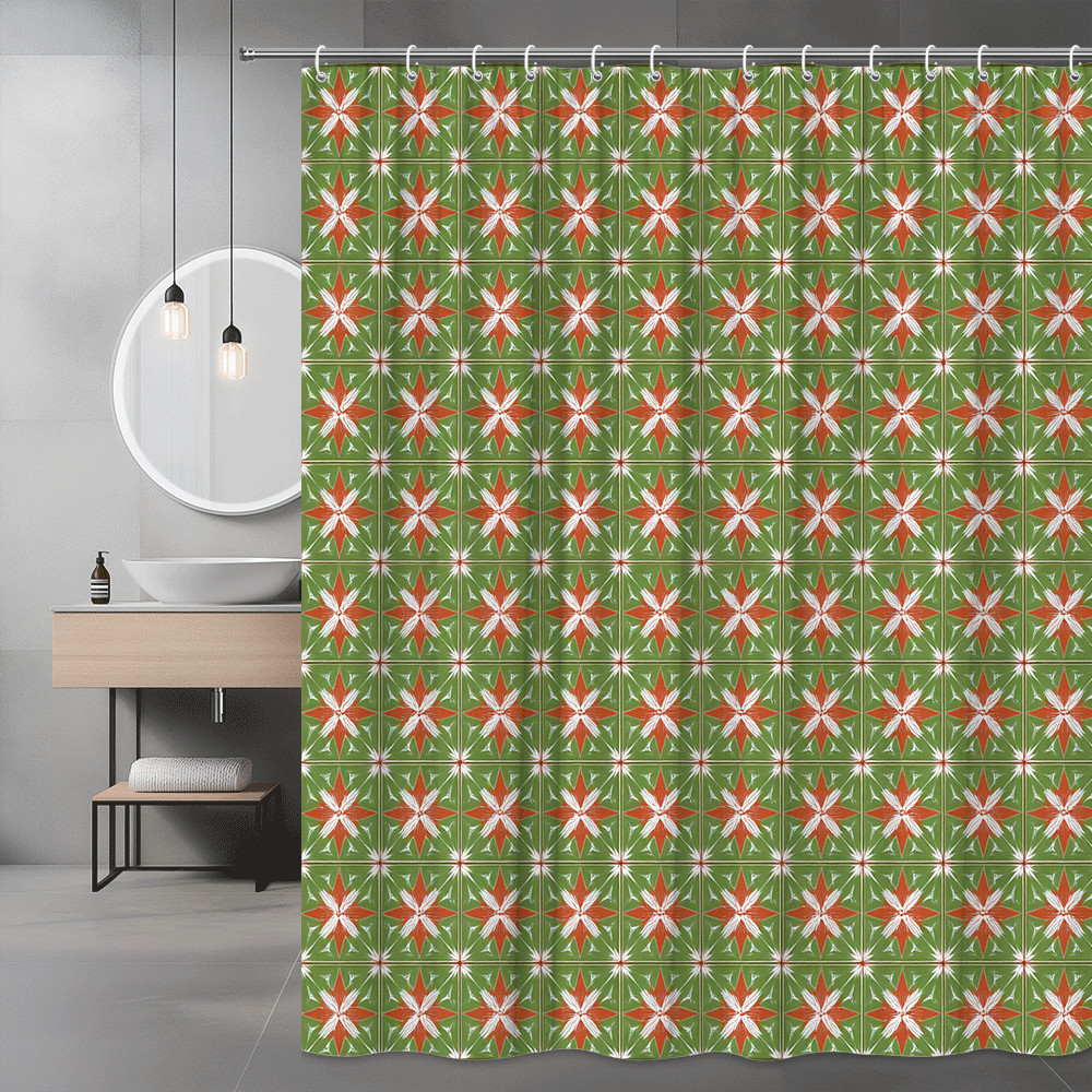 Green Orange Floral Tile Shower Curtain Abstract Pattern