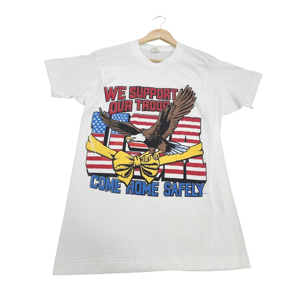 Vintage Screen Stars Shirt Mens Medium White Support Our Troops Eagle Tee USA