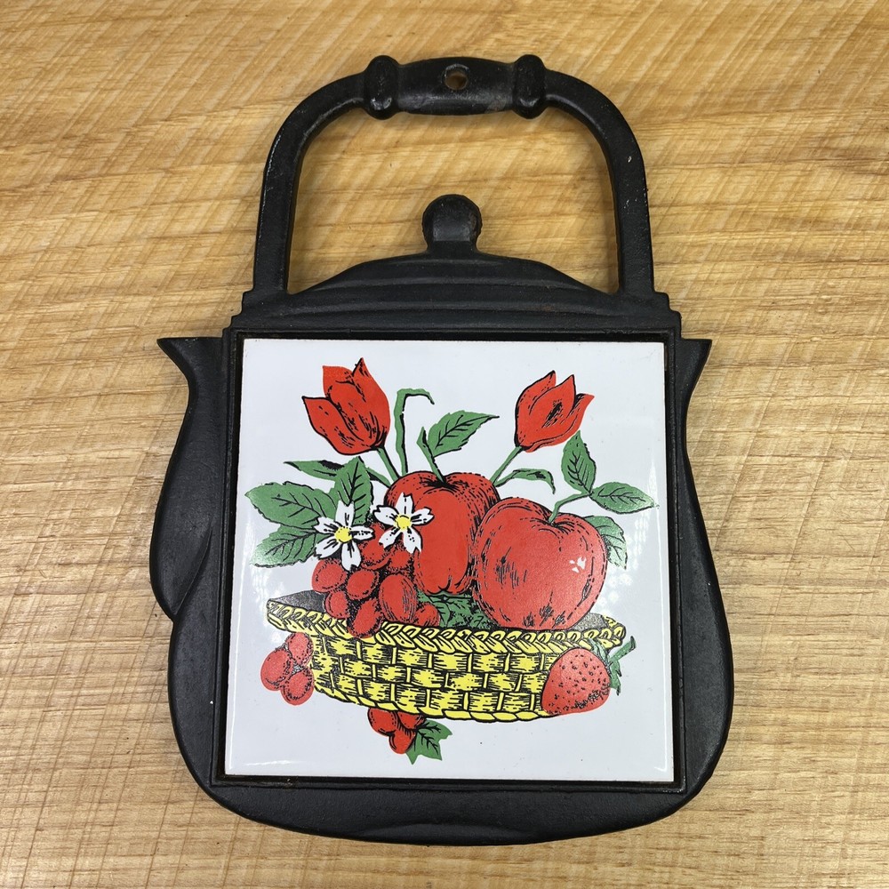 Herramienta de cerámica de colección azulejo de cocina de hierro fundido trivet manzana flor abuela núcleo-image