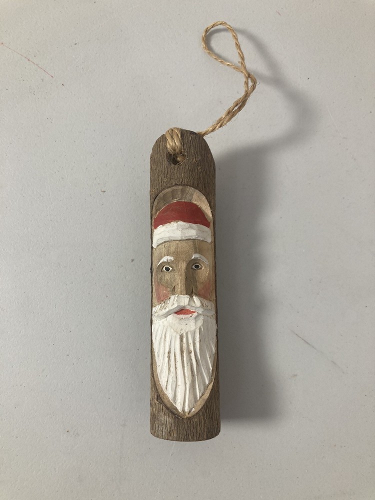 Wooden Hand Carved Santa Face in Log Ornament Christmas Rustic Cabin