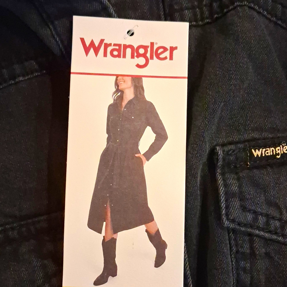 Wrangler Women's Black Solid Denim Shirt Dress Collared Long Sleeve Midi S
