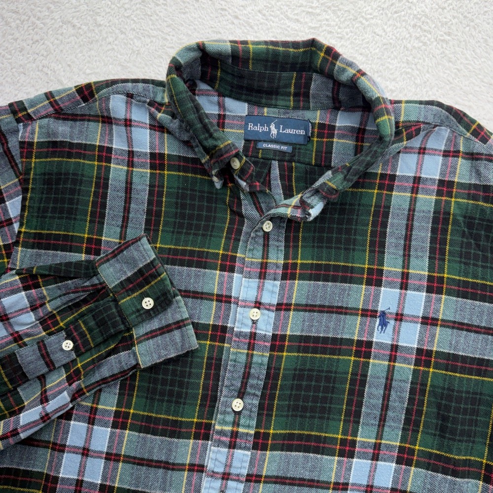 Ralph Lauren Mens XL Classic Fit Plaid Flannel Button Down Shirt Green Blue XL