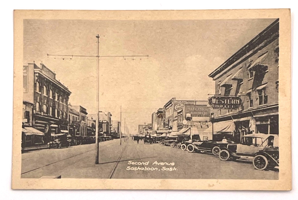 Second Avenue Saskatoon Sask Street View Postcard ~1920s Canada Cars Storefronts