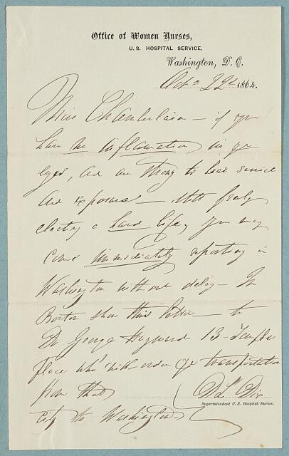 Letter Dorothea Dix, Office Women Nurses, U.S. Hospital Service, Washington,
