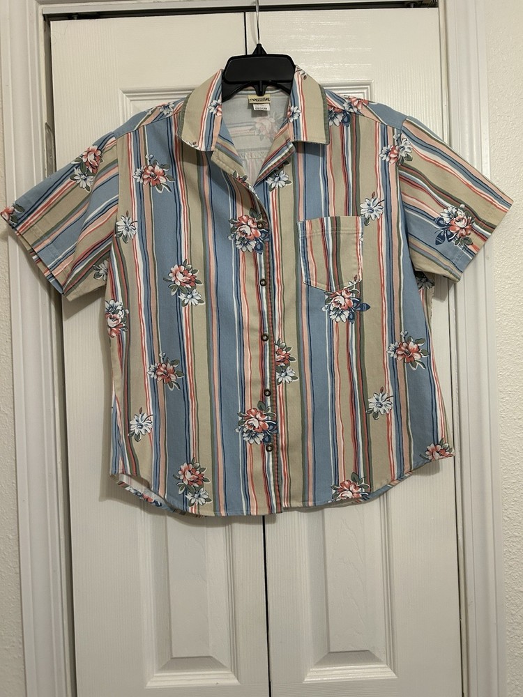 Vivaldi Jeanswear Women’s Striped Floral Short Sleeve Button-Up Size M