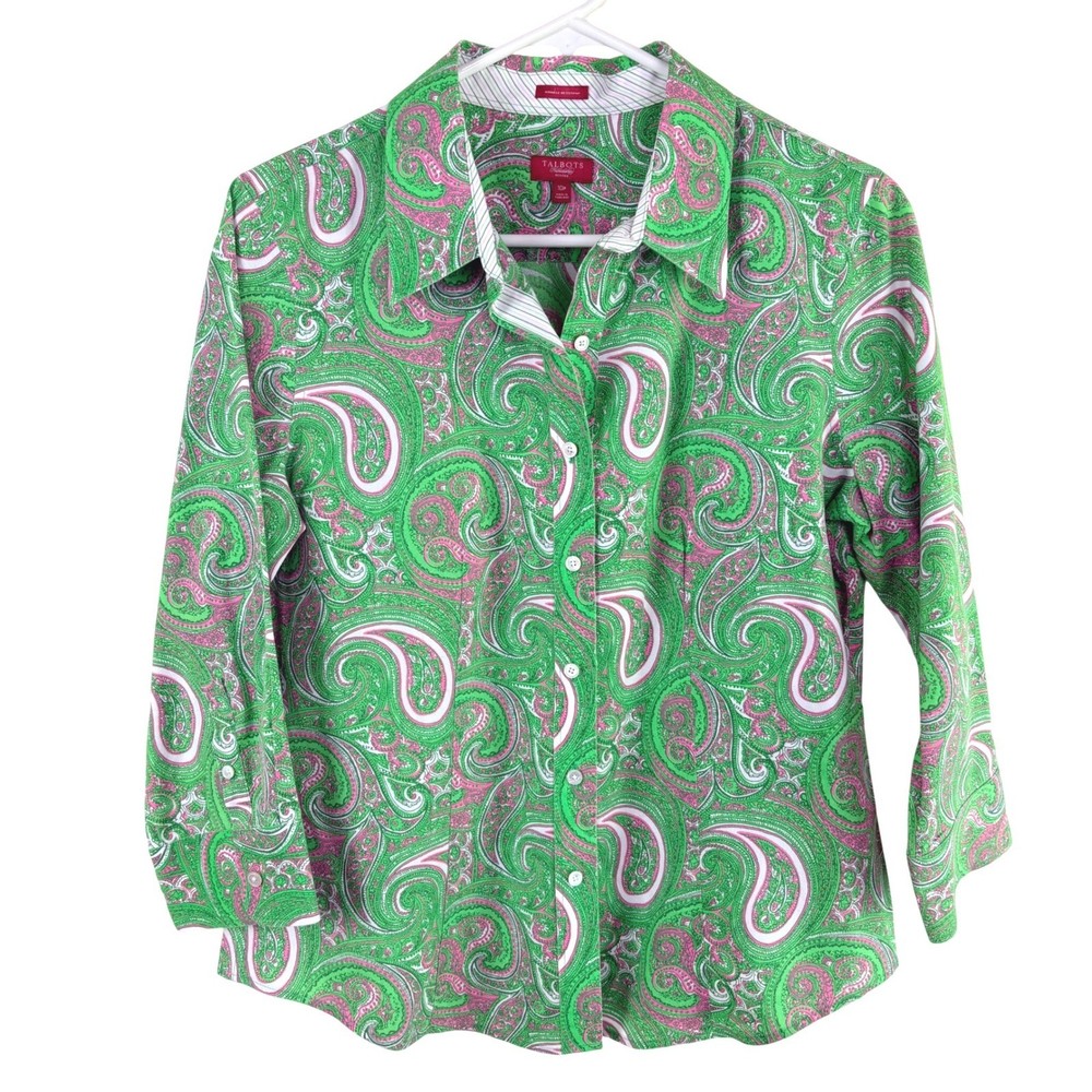Talbots Womens 10P Green Pink Paisley Button Down Shirt Wrinkle Resistant Preppy