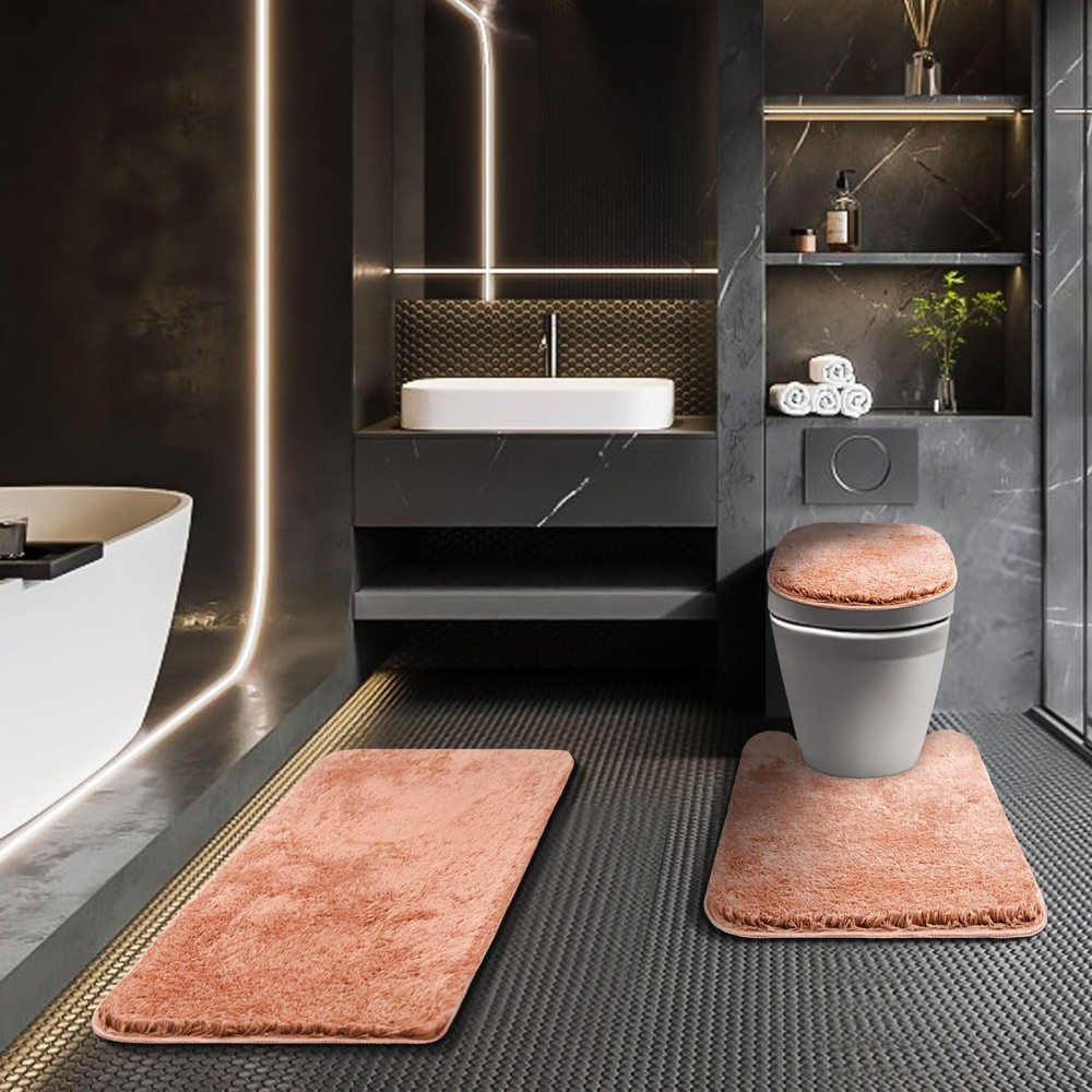 3-Piece Bathroom Rug Set with Toilet Cover and Adjustable TPR Backing