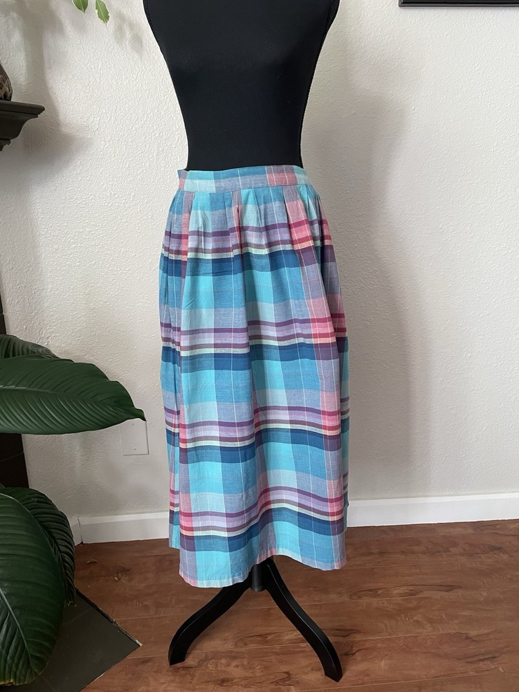 Vintage  Plaid Cotton Long Skirt Blue Pink Button Waist Size M with pockets