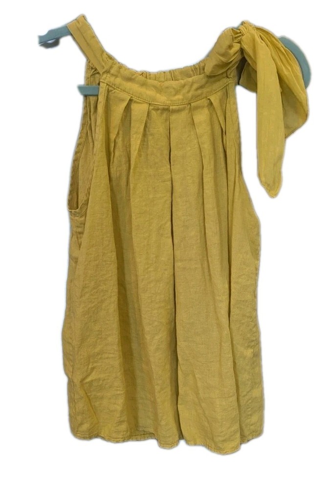 Bellambra Women's M Top 100% Italian Linen Sleeveless yellow flowy front tie Bow