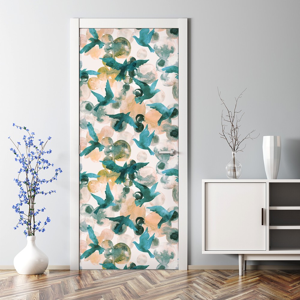 Abstract birds self-adhesive blue and yellow Door Decal Decor self-adhesive