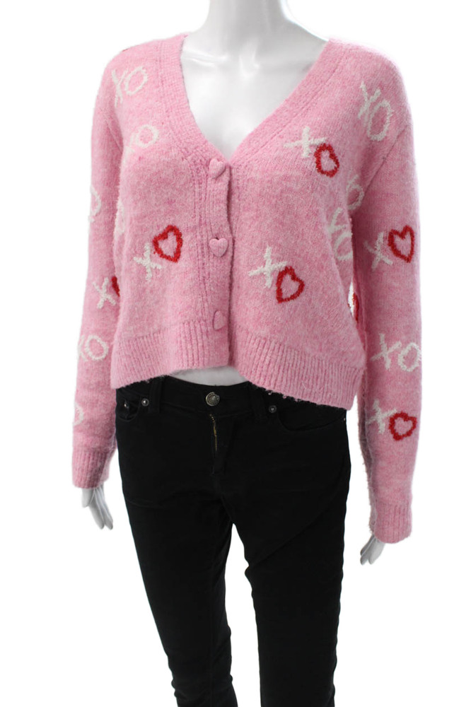 Cupcakes And Cashmere Womens Pink V-Neck Heart Cardigan Long Sleeve Size SFree Shipping in US $100+ Orders | $6.95 Orders Below