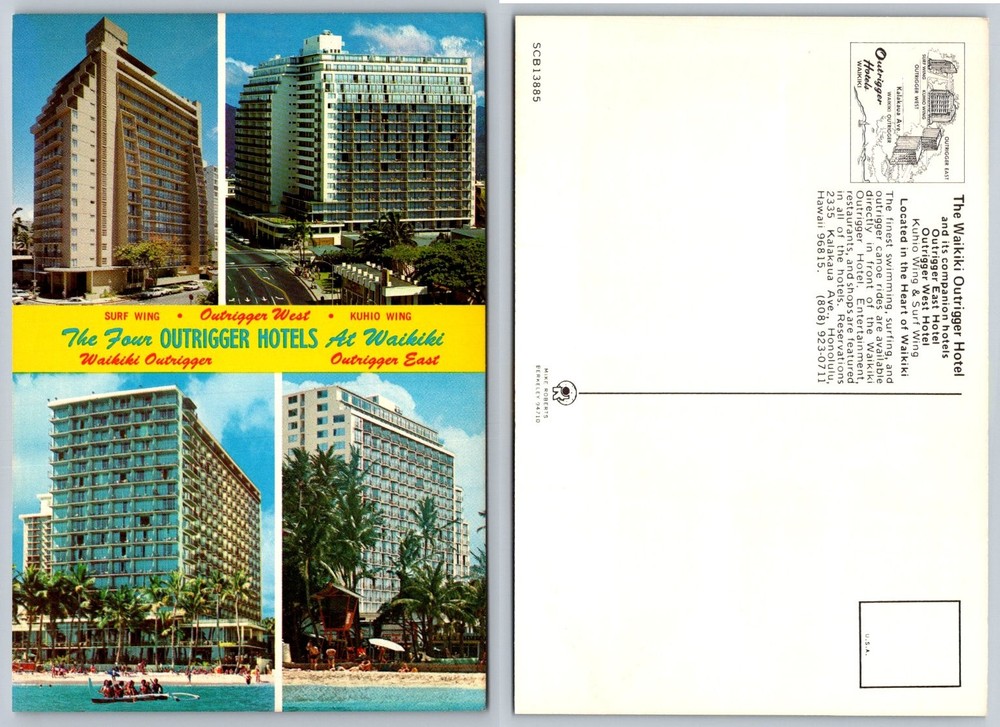 Waikiki Outrigger Hotels Hawaii Postcard - Surf West Kuhio East Wings