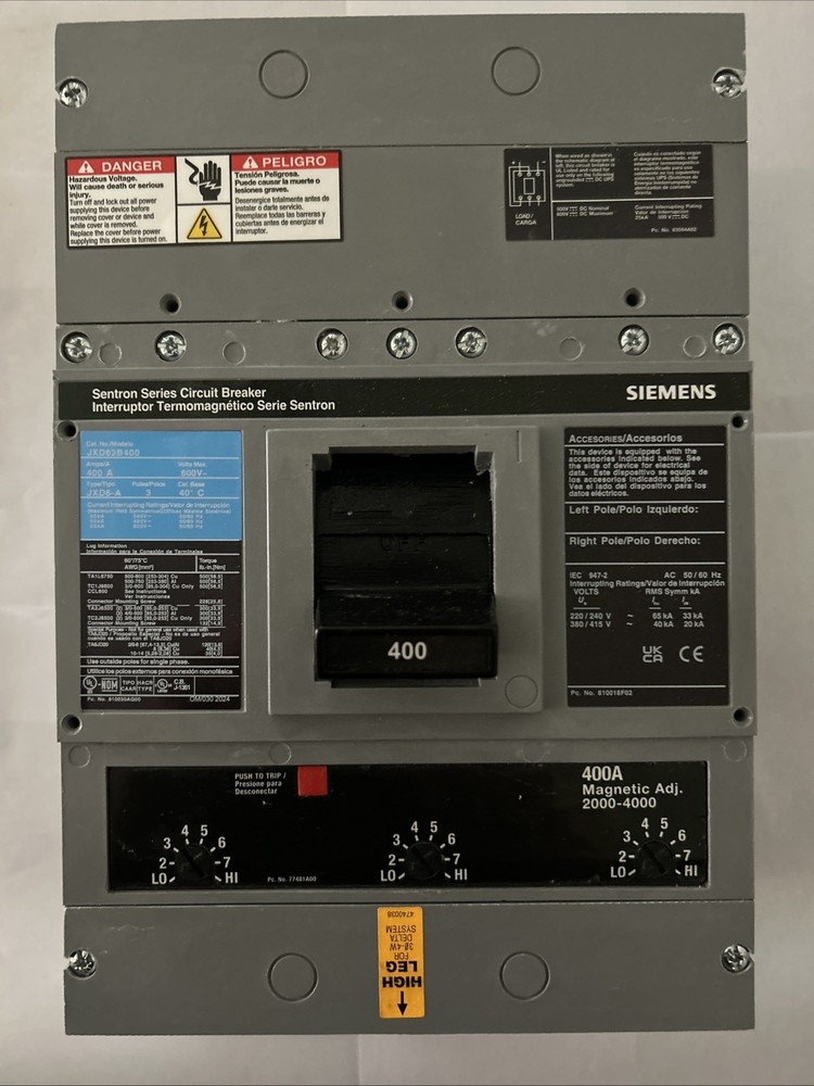 Siemens JXD63B400 Molded Case Circuit Breaker, 3P, 400A, 600VAC, 3-Pole W/LUGS