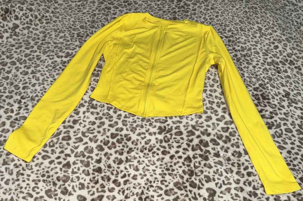 Women’s Yellow Cropped Track Jacket Full Zip Long Sleeve Knit Polyester S