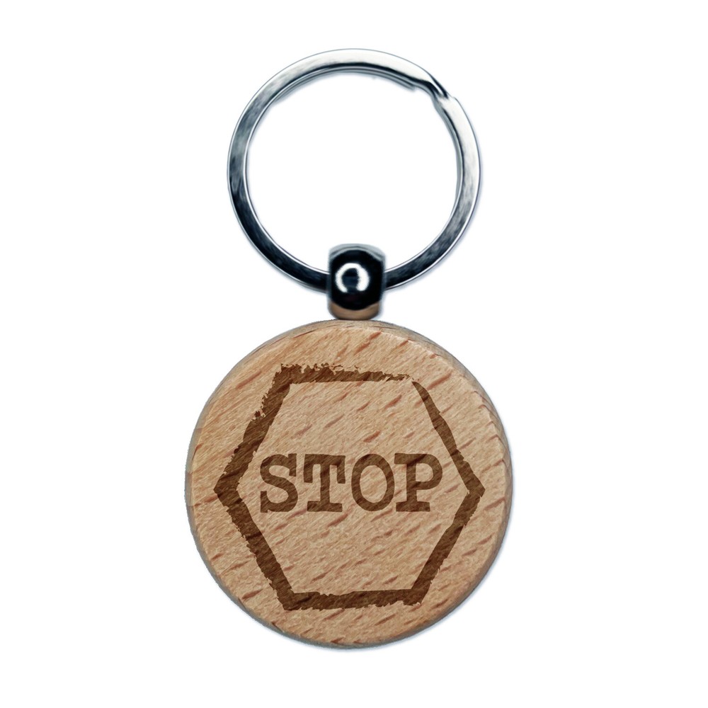 Stop Sign Sketch Engraved Wood Round Keychain Tag Charm