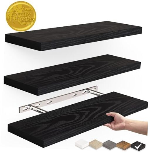 Black Rustic Floating Wall Shelves 16 Inches Wood Mounted Decor