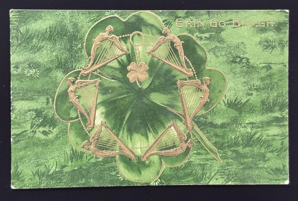 Winsch St Patrick's Day Clover Harp Border Embossed c1910 Postcard