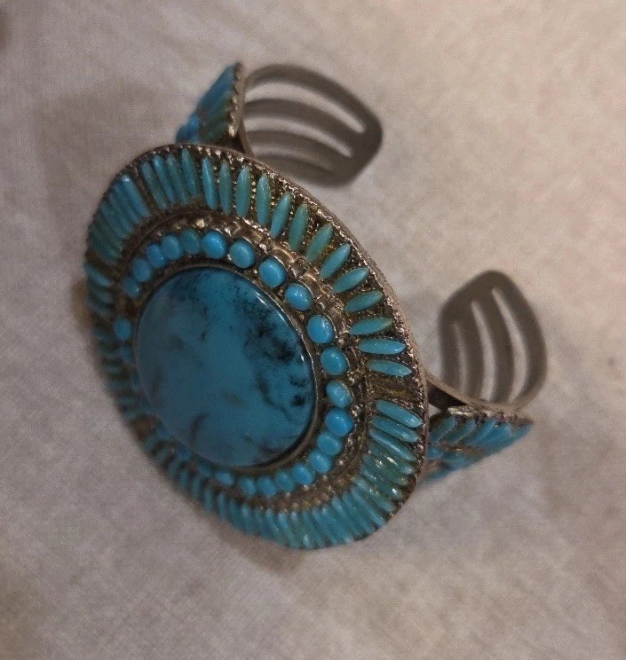 Vintage-Style Silver Tone Cuff Bracelet with Faux Turquoise Stones (some Missing