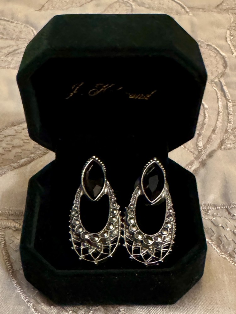 Vintage Silver Marcasite & Black Onyx Dangle Earrings Art Deco Style