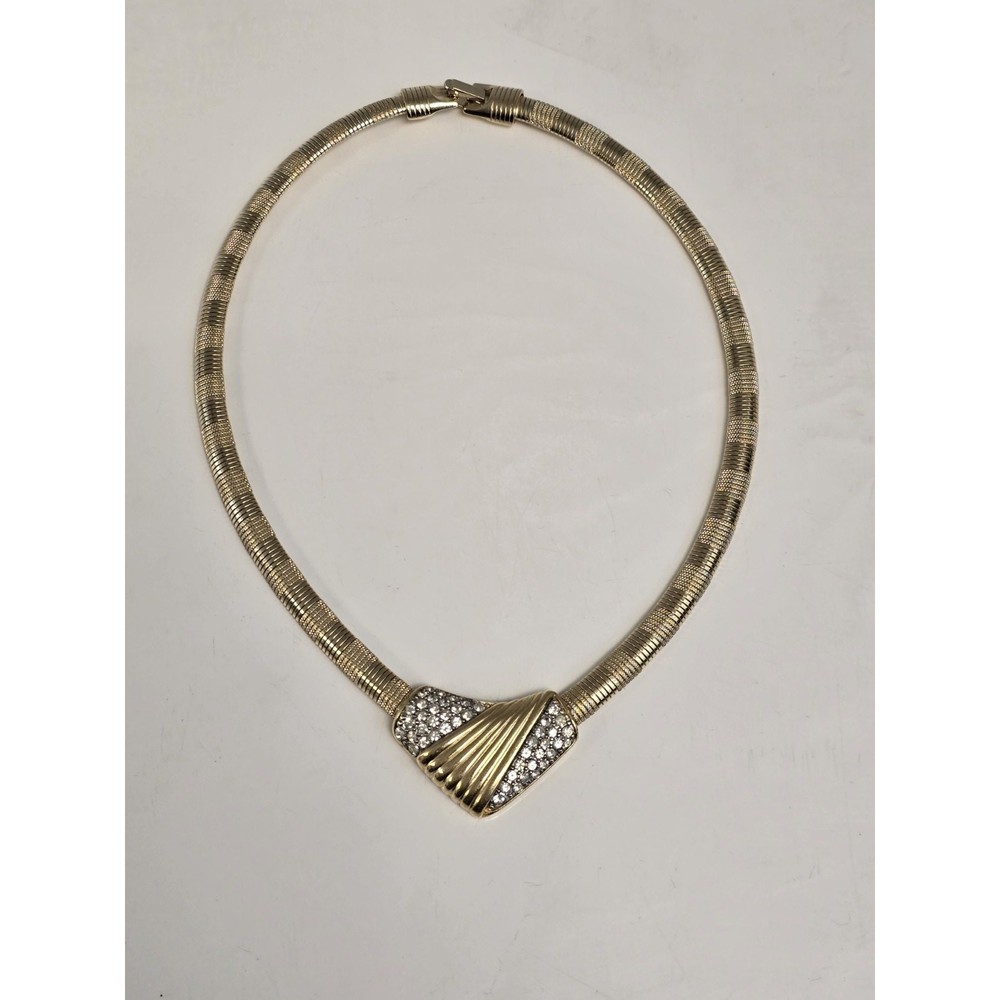 Vintage Crown Trifari Gold Tone Choker Necklace Omega Chain Crystals Rare 16