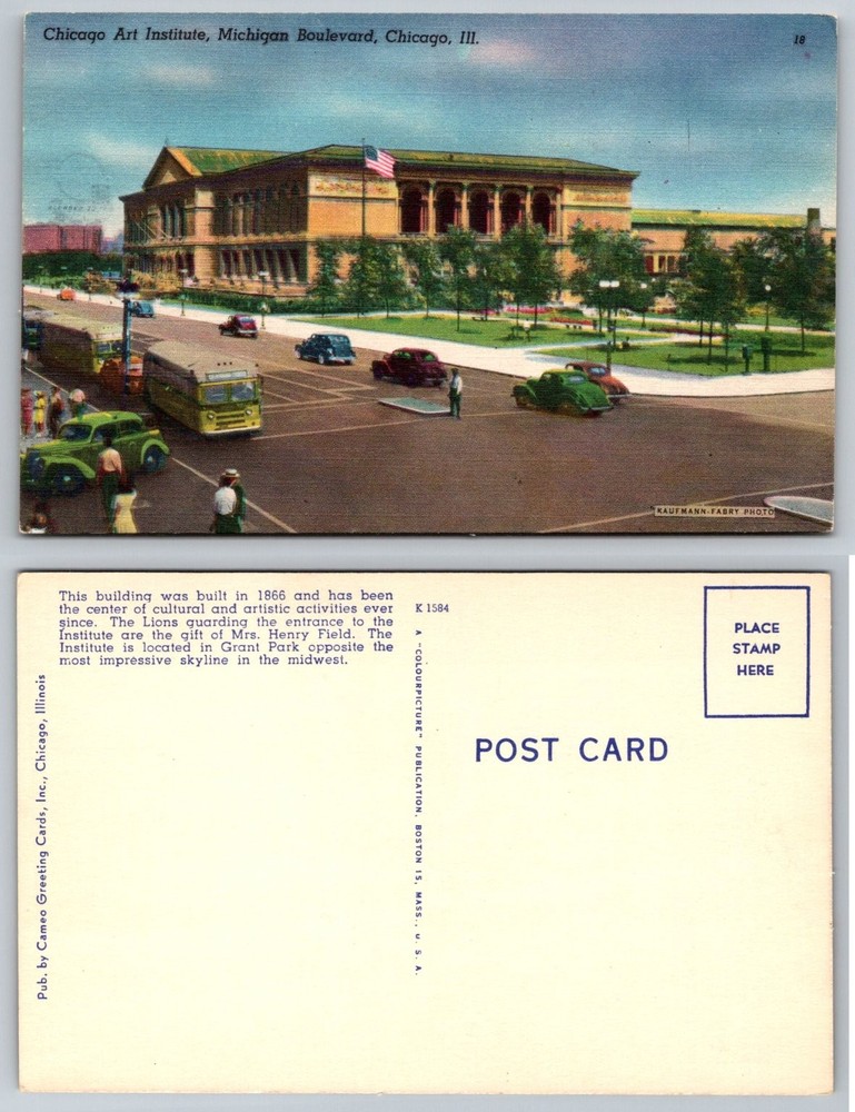 Vintage Art Institute of Chicago Postcard Michigan Ave 1940s Colourpicture