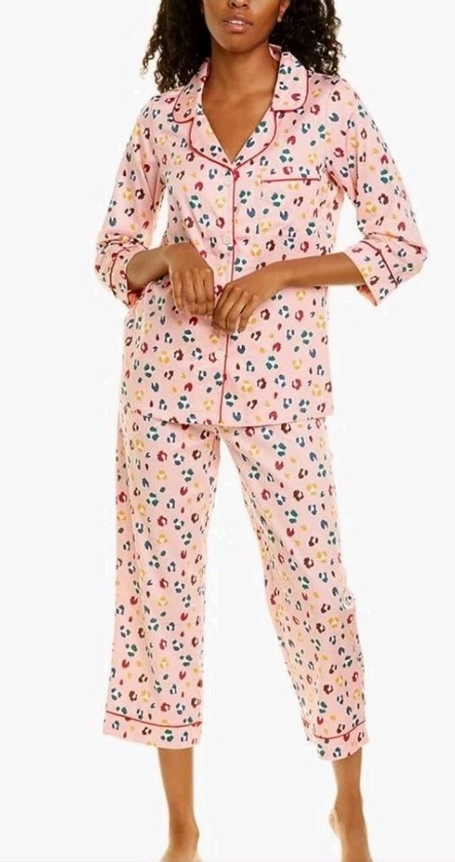 Bedhead Bead Head XS Pink Pajama Set  Animal Print Leopard Pockets Cropped Pants