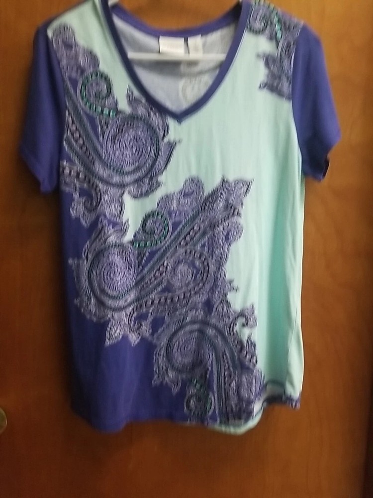 Chicos Weekends Top Sz 1 (M) Print Cotton Short Sleeve Tee V Neck