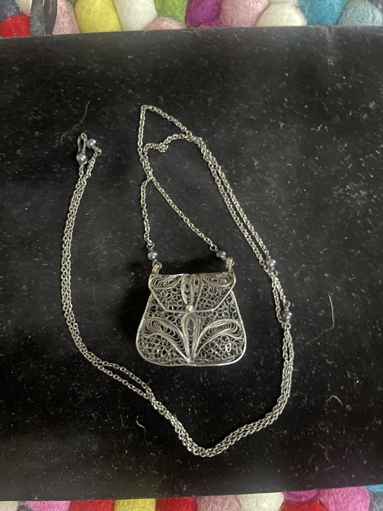 Vintage Silver Tone Filigree Purse Necklace with Chain