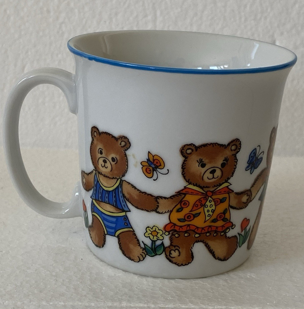 INTERPUR Vintage Made in Japan 12 oz Ceramic Coffee Mug Teddy Bear Blue Rim