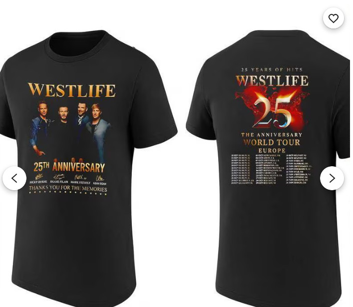 Westlife 25 Years Of Hits The Anniversary World Tour 2026 two sided shirt